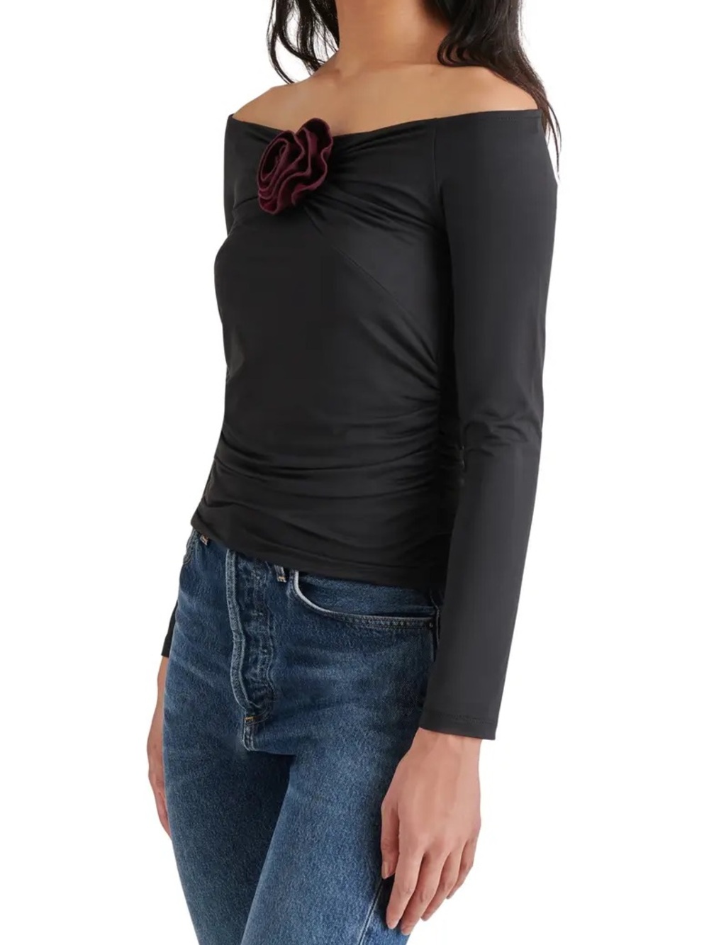 Steve Madden Rosetta Black Off-Shoulder Long Sleeve Top with Burgundy Rose